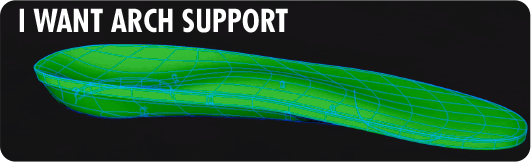3D rendering of an insole offering arch support with the text “I want arch support.”